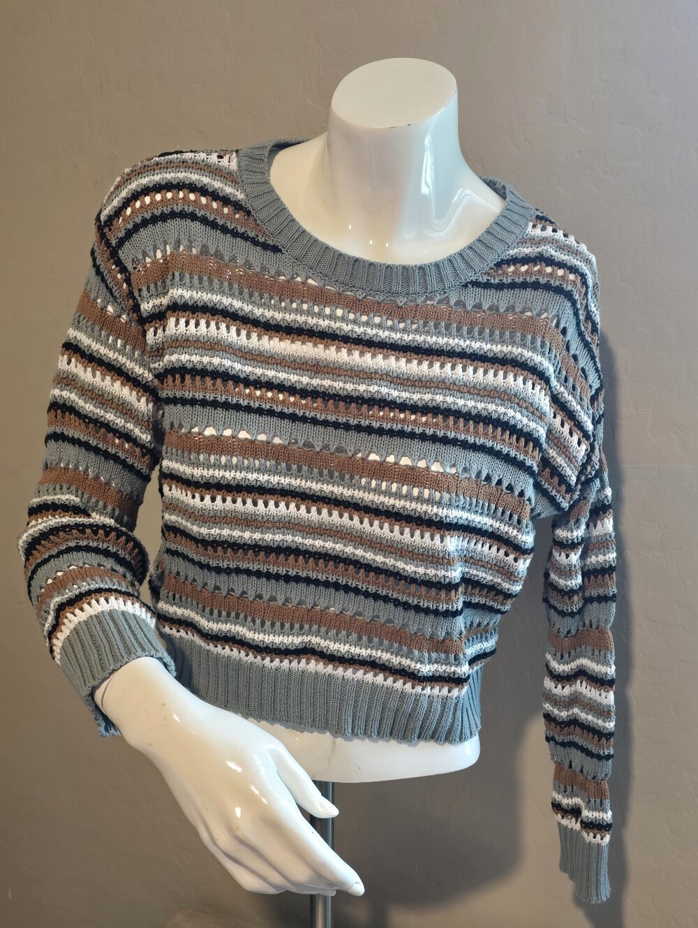 Full Tilt Striped Crewneck Sweater in Blue, Brown & White